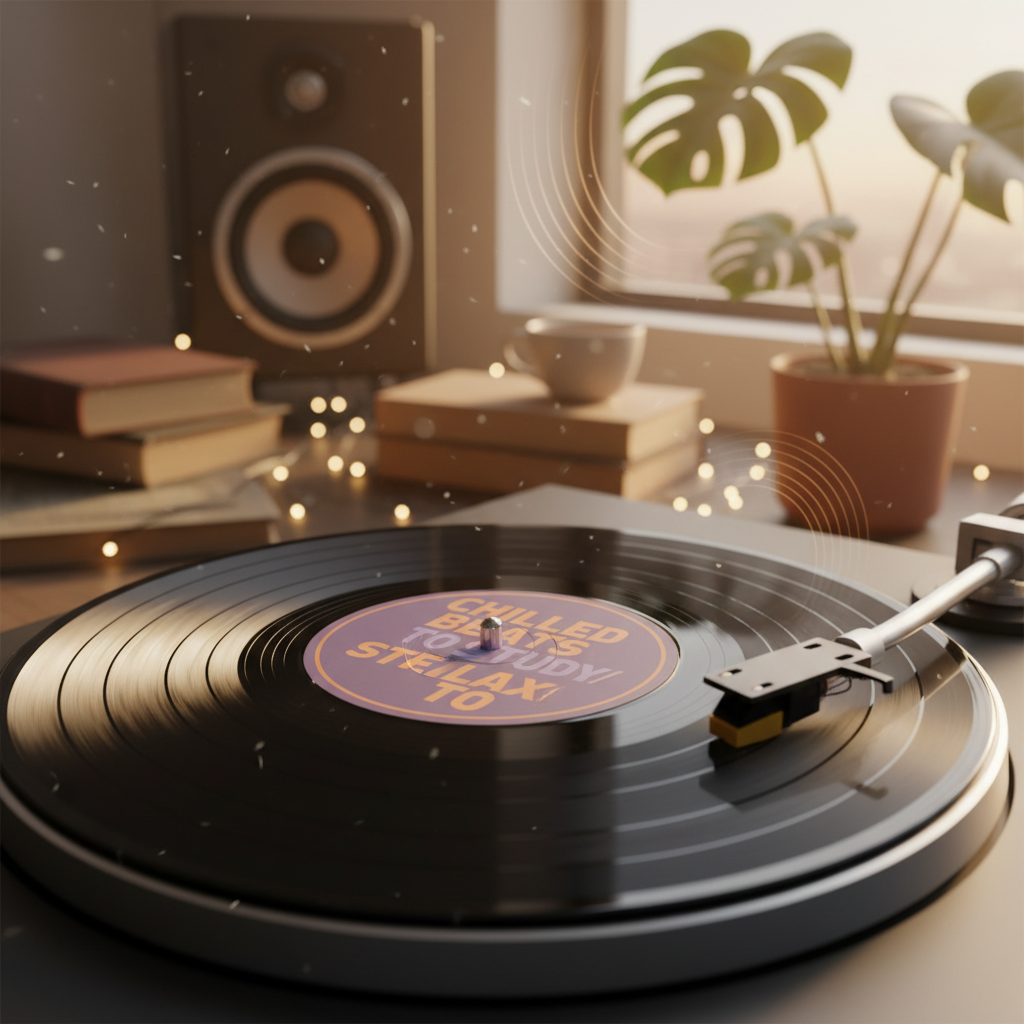 Cozy dimly lit room with vinyl records and warm lamp glow, relaxed late night study vibe