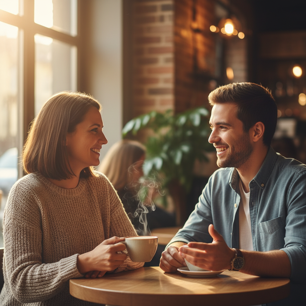 Two friends laughing over coffee at a sunlit café table, capturing a genuine moment of connection