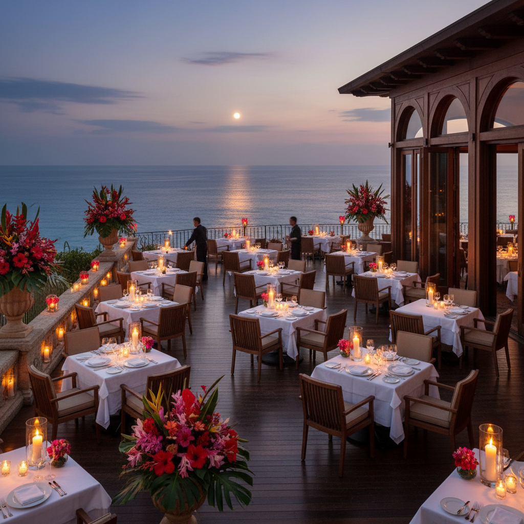 Beautiful waterfront restaurant dining setup with tropical flowers