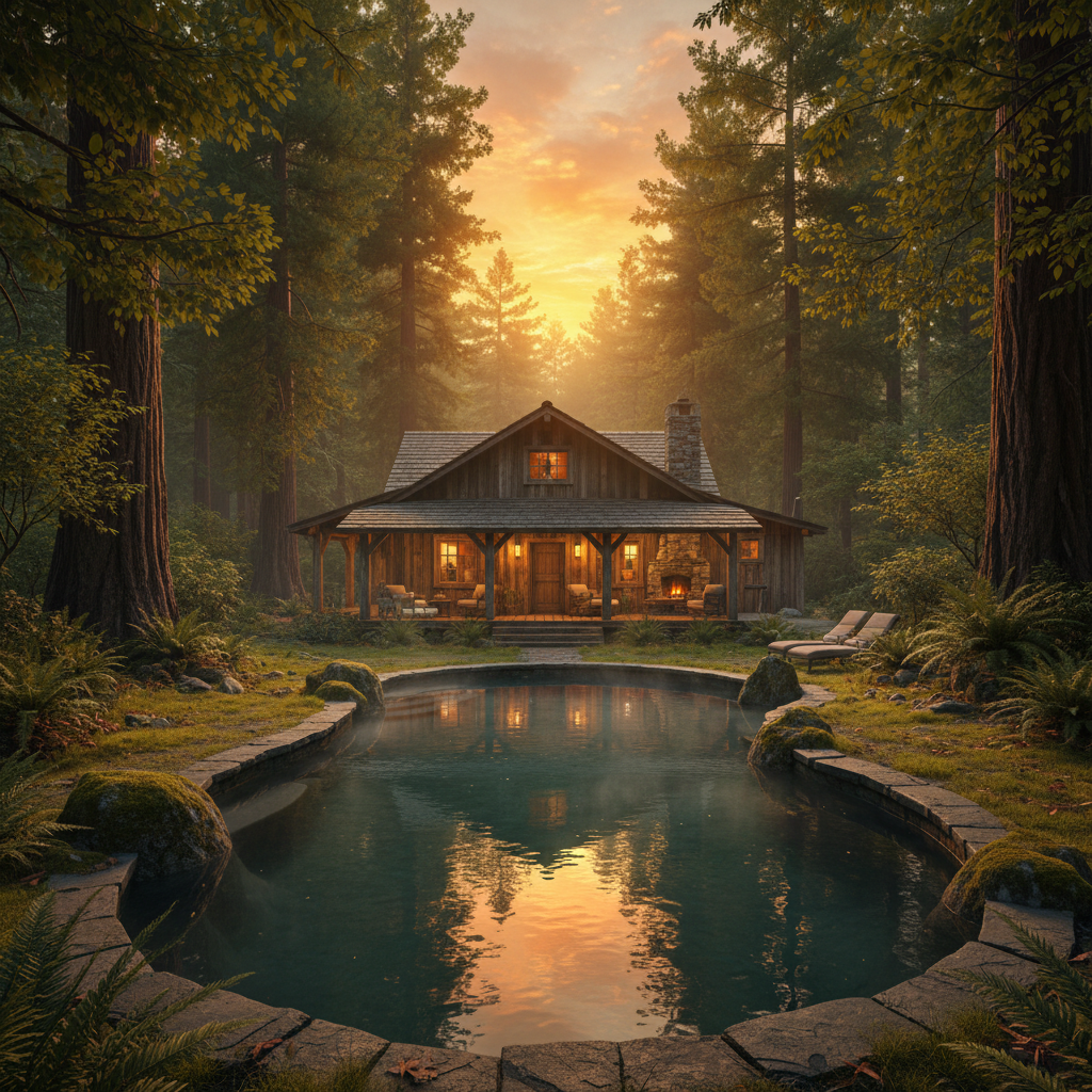 Intimate private retreat with small timber lodge surrounded by old-growth trees and a private pool at golden hour