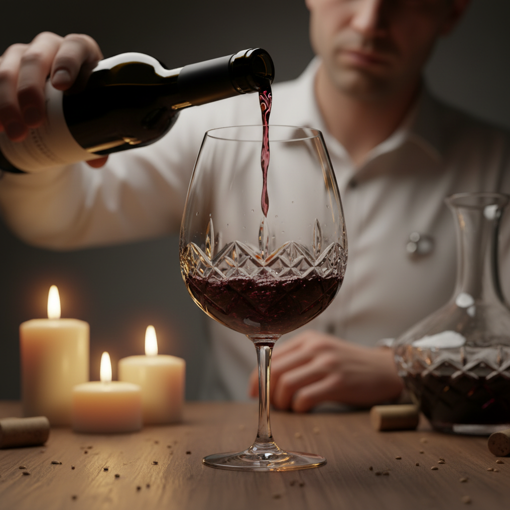 Sommelier pouring aged Burgundy wine into crystal glass with warm cellar lighting