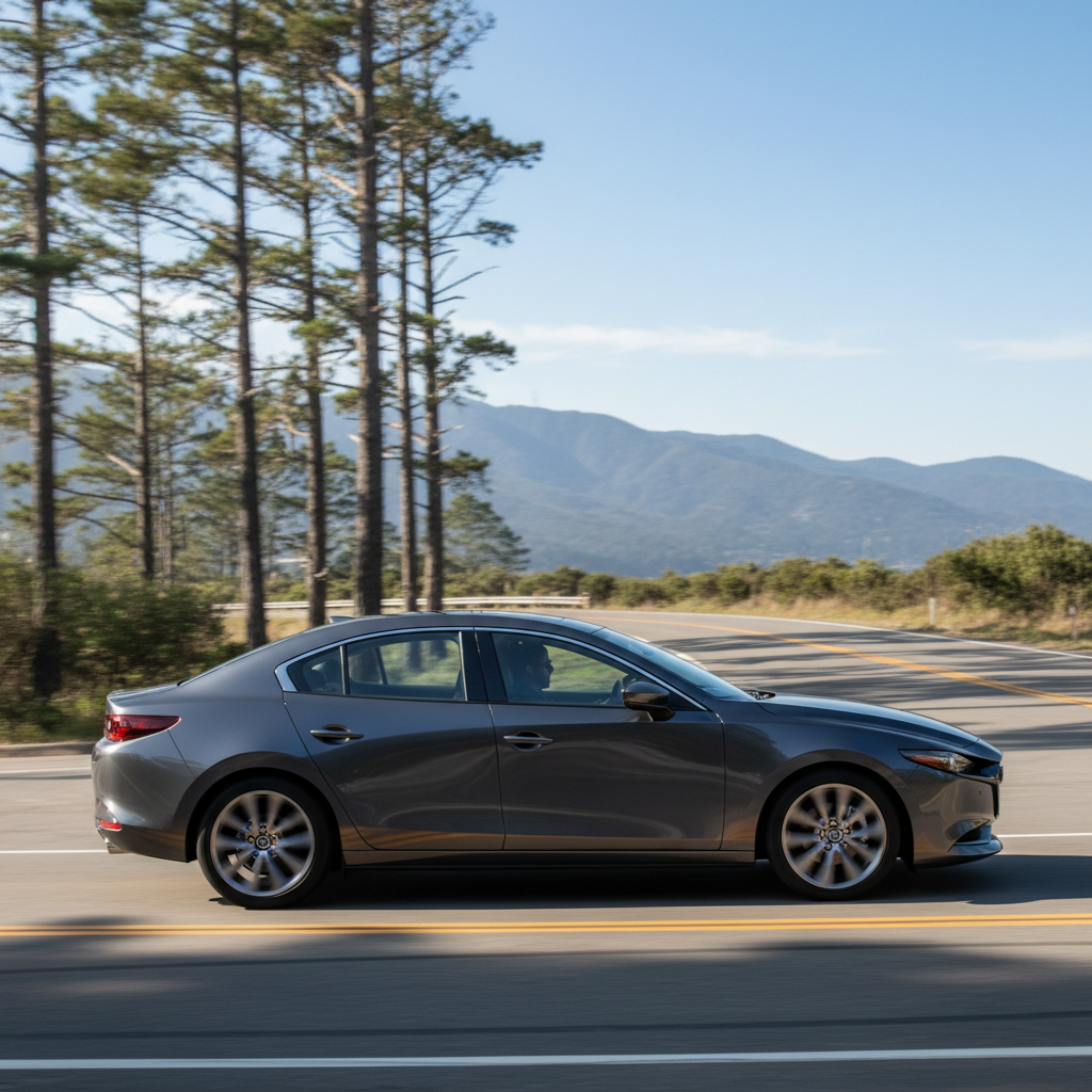 Mazda3 in Machine Grey Metallic mid-turn showcasing Kodo design language