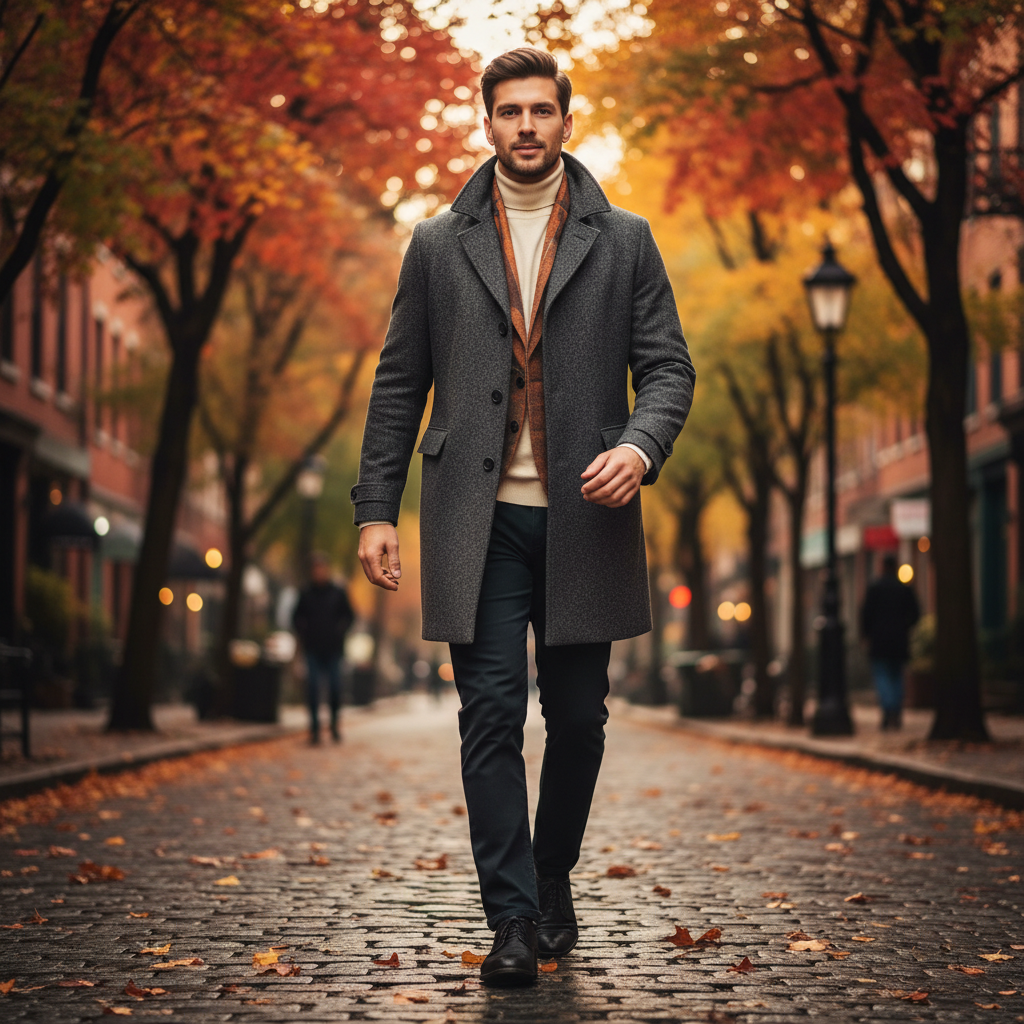 Oversized charcoal wool overcoat, model standing in fog, dark atmospheric editorial