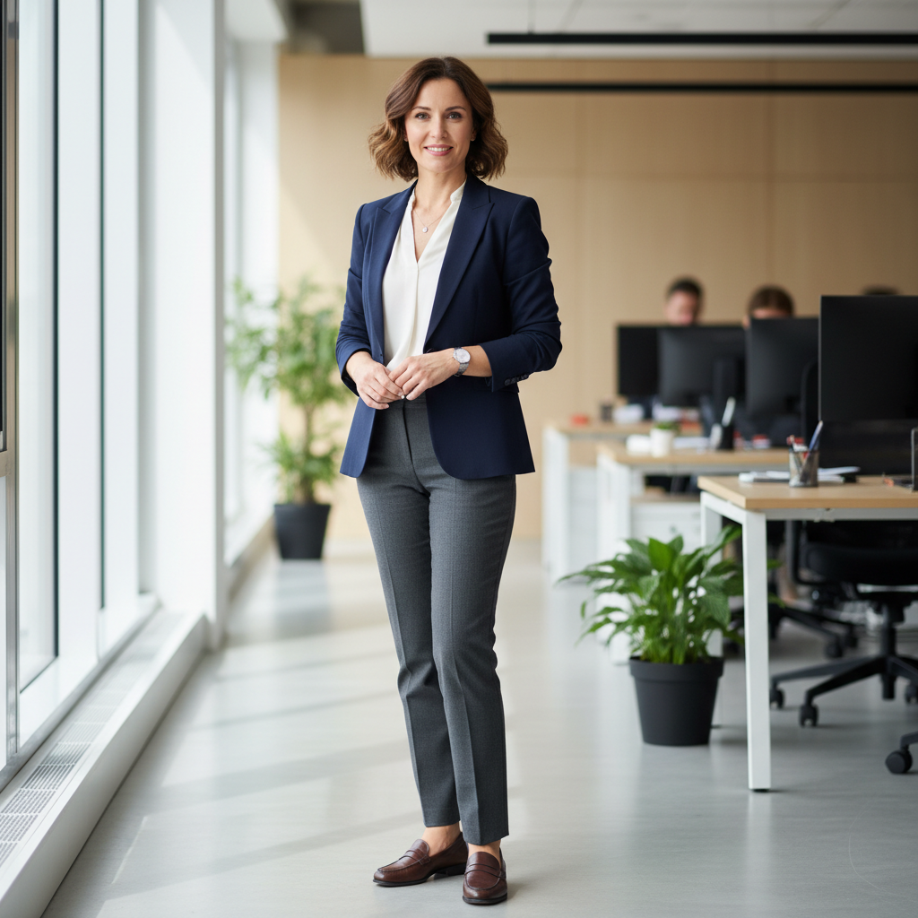 Modelo em look business casual chic com blazer bege e calça wide leg, ambiente profissional claro