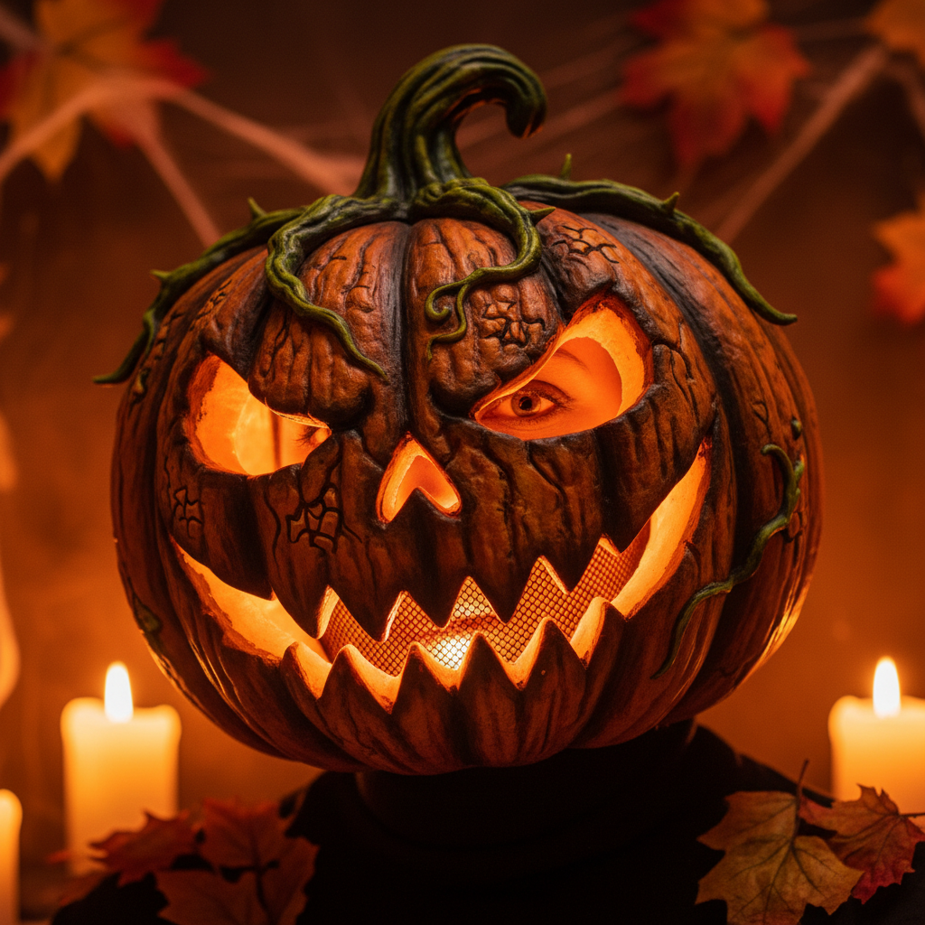 Final jack-o-lantern prosthetic on model, fully painted and lit