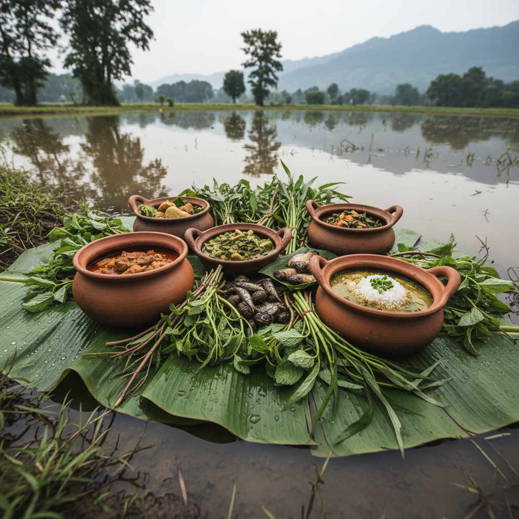 Clay pot dishes and river herbs arranged on banana leaves during flood season harvest
