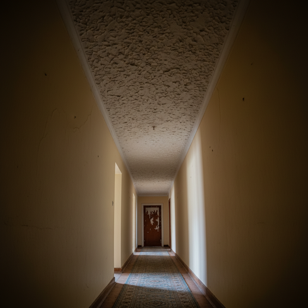 Narrow hallway with popcorn ceiling, textured surface making space feel closed in