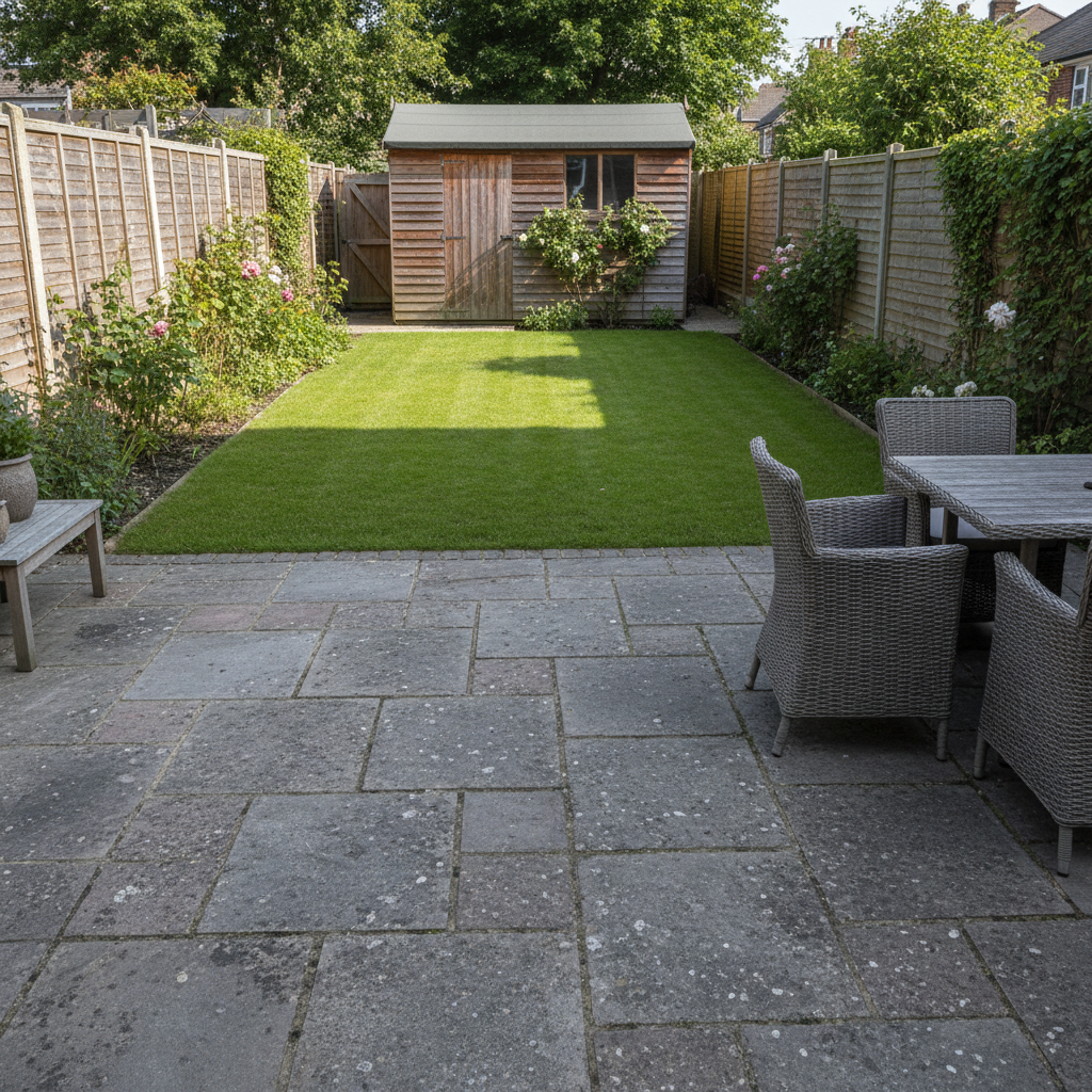 Private rear garden with patio and lawn area