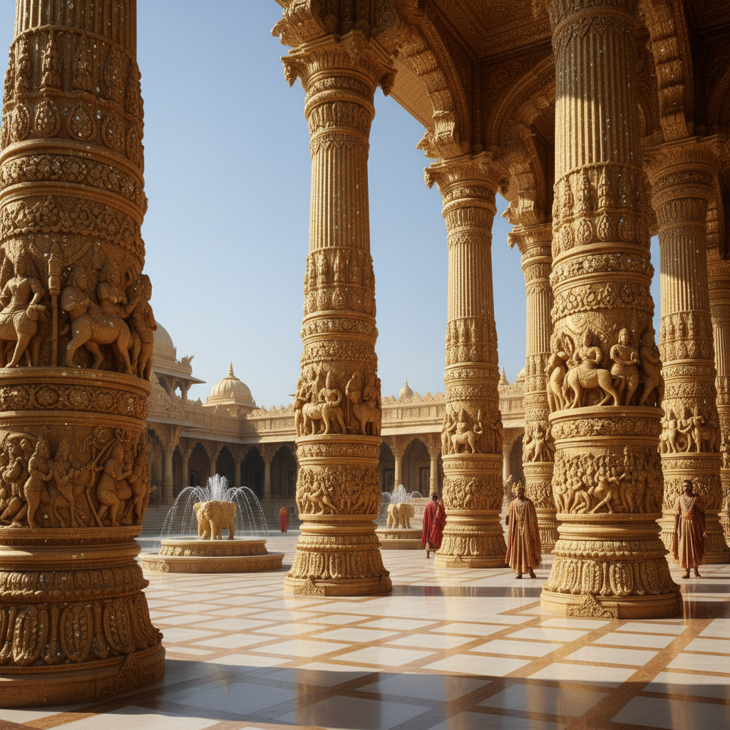 Vast ashram courtyard at golden hour, ancient pillars casting long shadows, devotees in white