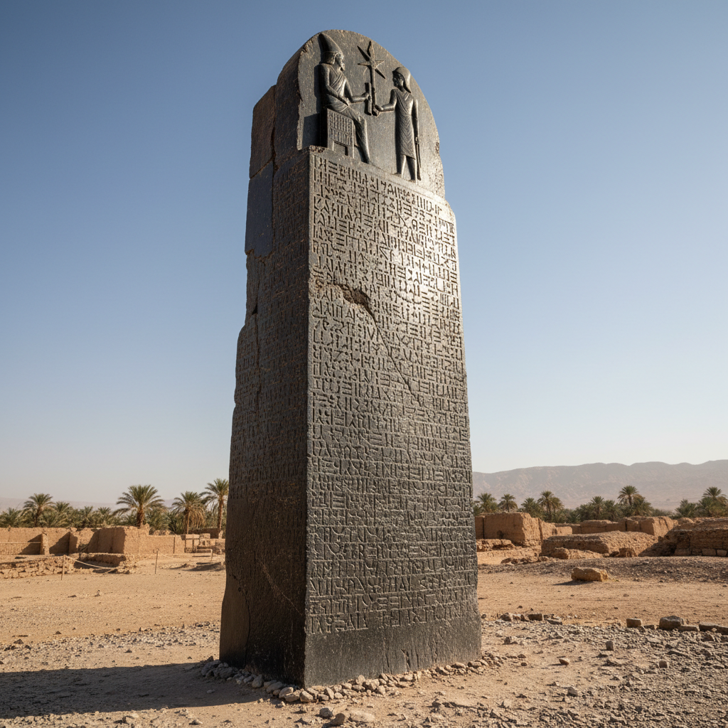 Tall black diorite stone stele with cuneiform inscriptions, ancient Babylonian law code monument