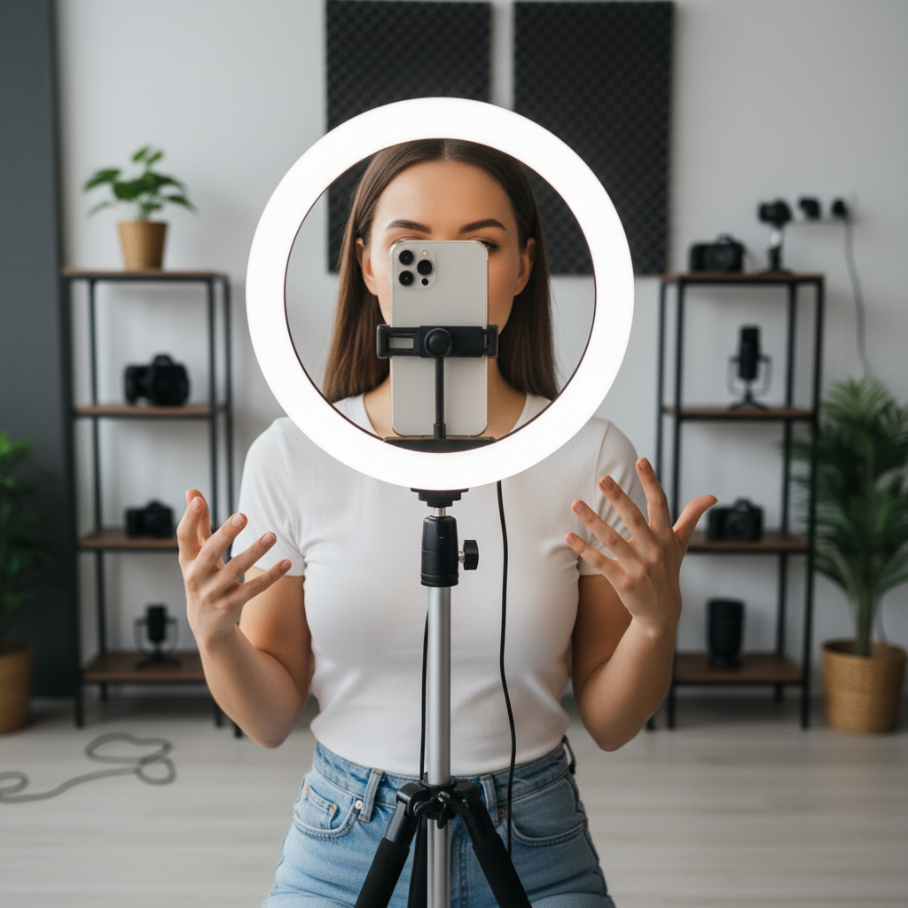 Person recording video content in a dark studio with ring light