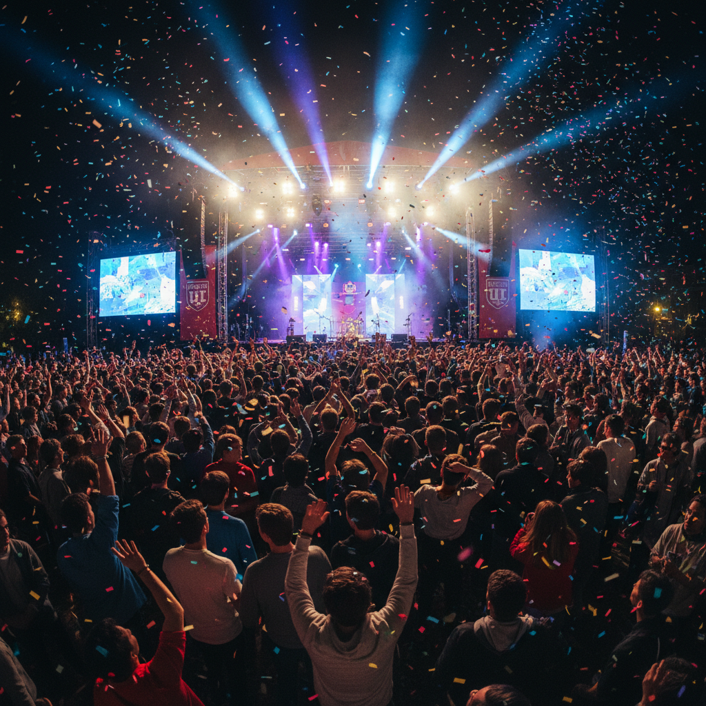 Outdoor college cultural fest stage with colorful lights and crowd