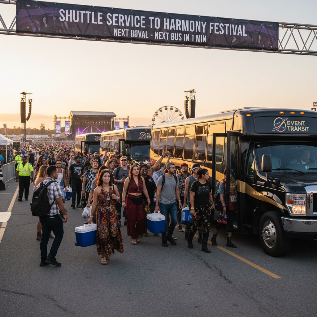 Shuttle bus service for concert and festival transportation, group transit to entertainment event