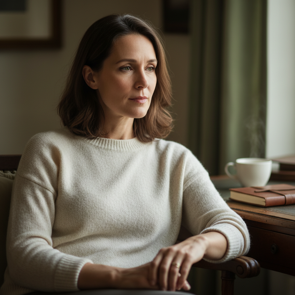 Confident woman entrepreneur in professional setting, thoughtful and determined expression, natural light