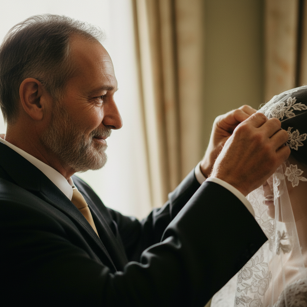 Father of the bride adjusting his daughters veil, eyes glistening