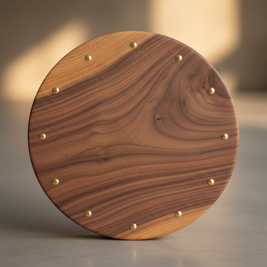 Walnut Face — Scandinavian Organic wall clock, 19 inches diameter, Natural walnut grain dial with brass inlay hour dots and slim hands
