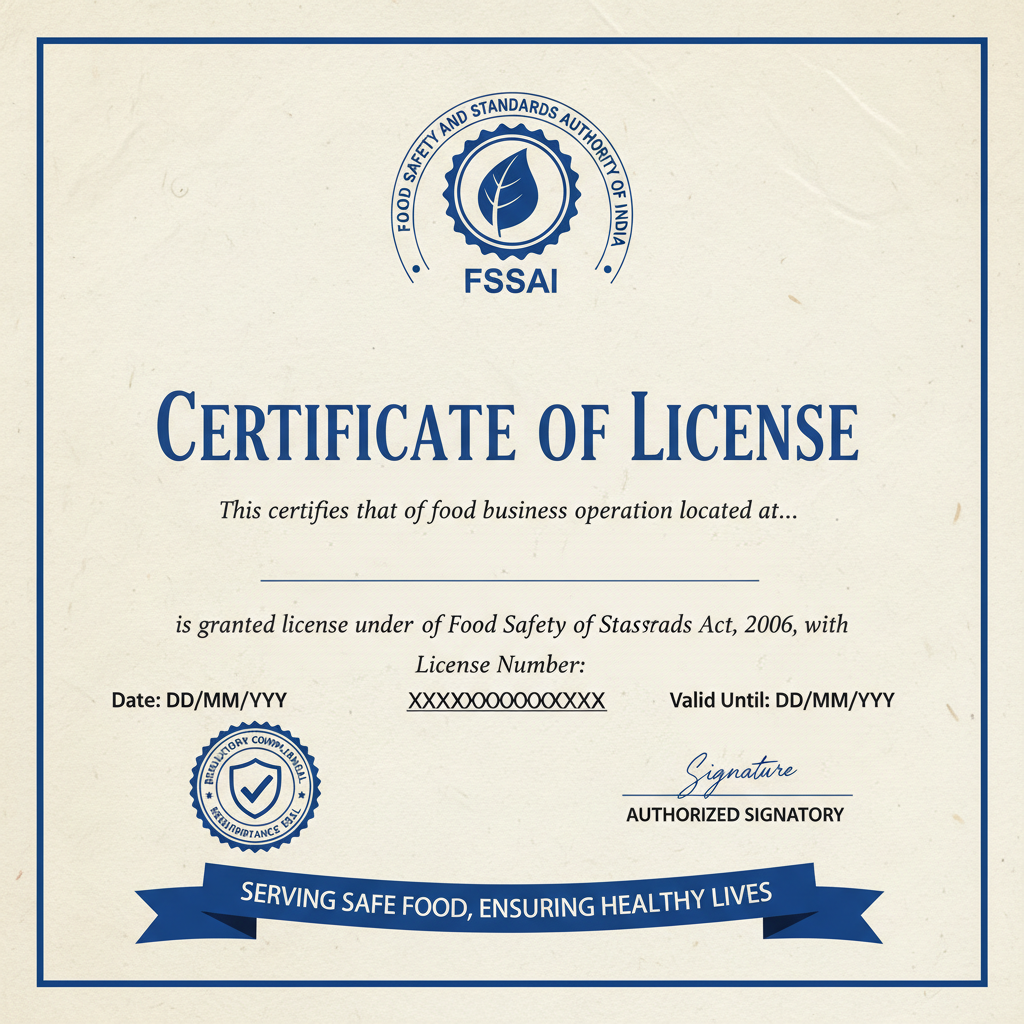 FSSAI food safety license certificate with Indian government emblem and official stamps
