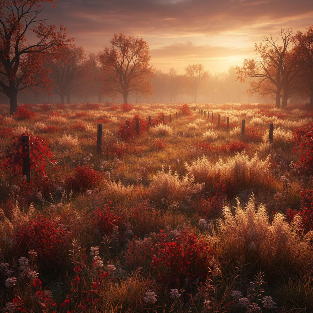 Rich warm autumn field textures with deep crimson tones, earthy grasses, golden harvest light, dim rustic atmosphere