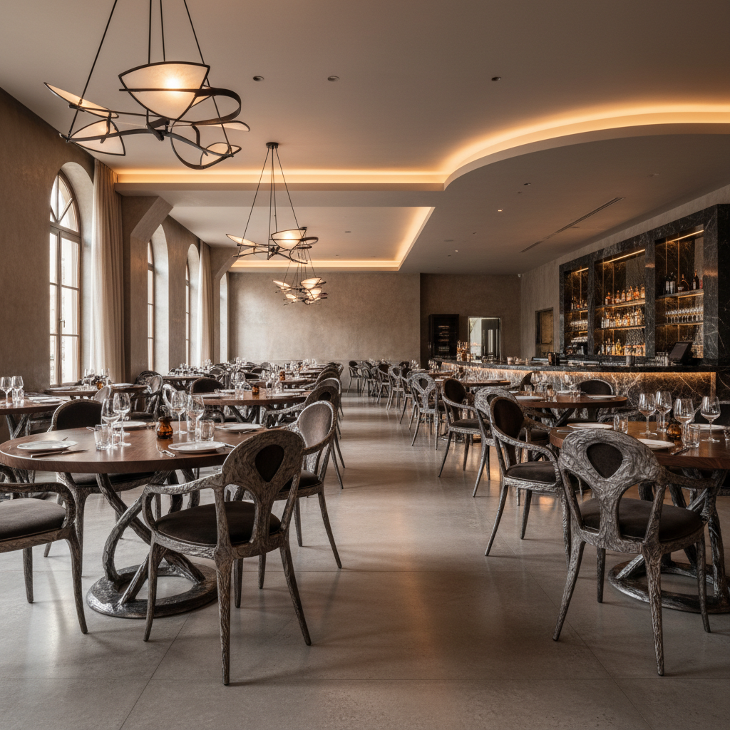 Wide-angle view of a high-end restaurant interior featuring custom forged steel dining chairs and table bases