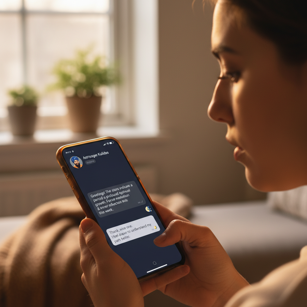 Live chat consultation with astrologer on mobile device showing spiritual guidance conversation