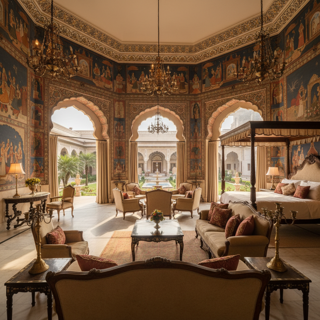 Grand Maharaja suite with hand-painted walls, antique brass fixtures, golden afternoon light, courtyard view