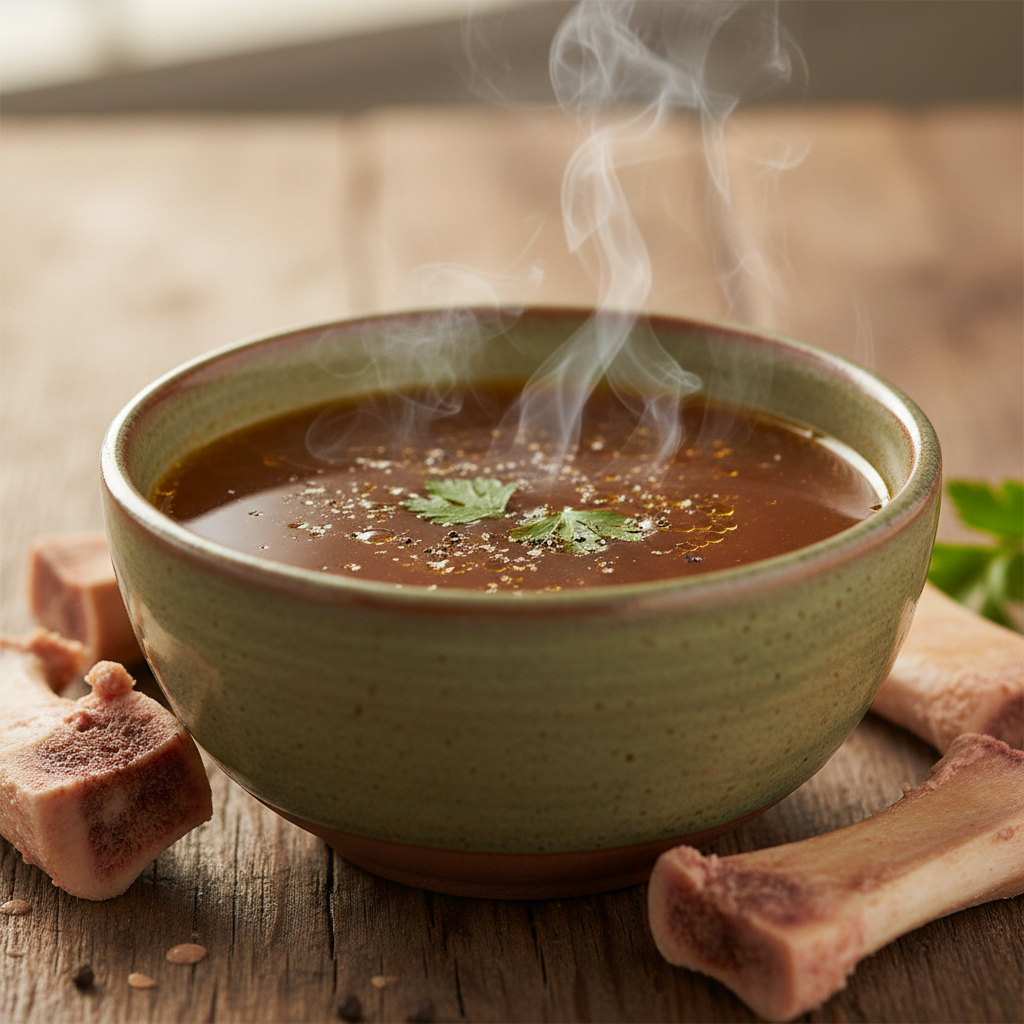 Rich amber bone broth in a ceramic bowl with steam rising, surrounded by raw marrow bones on a rustic wooden surface