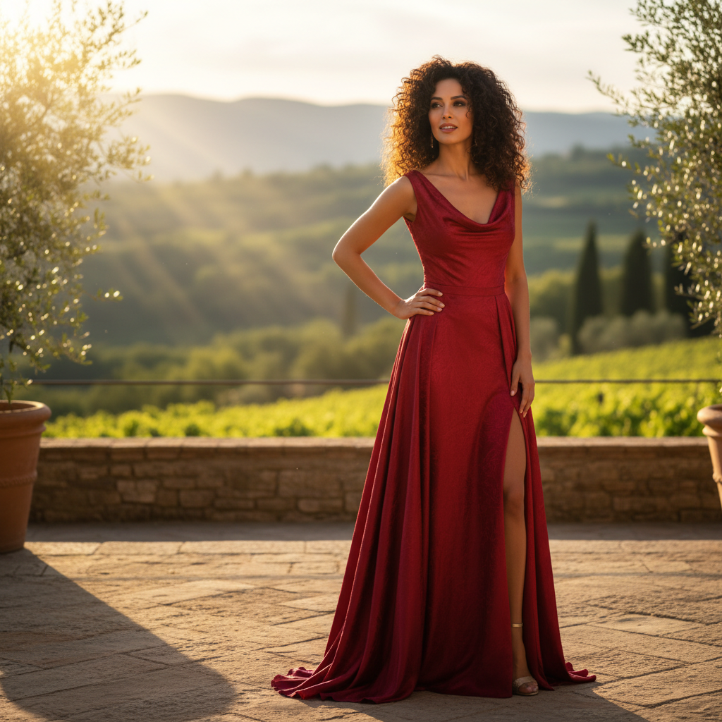 Young Italian woman with dark hair smiling warmly, natural light, outdoor setting