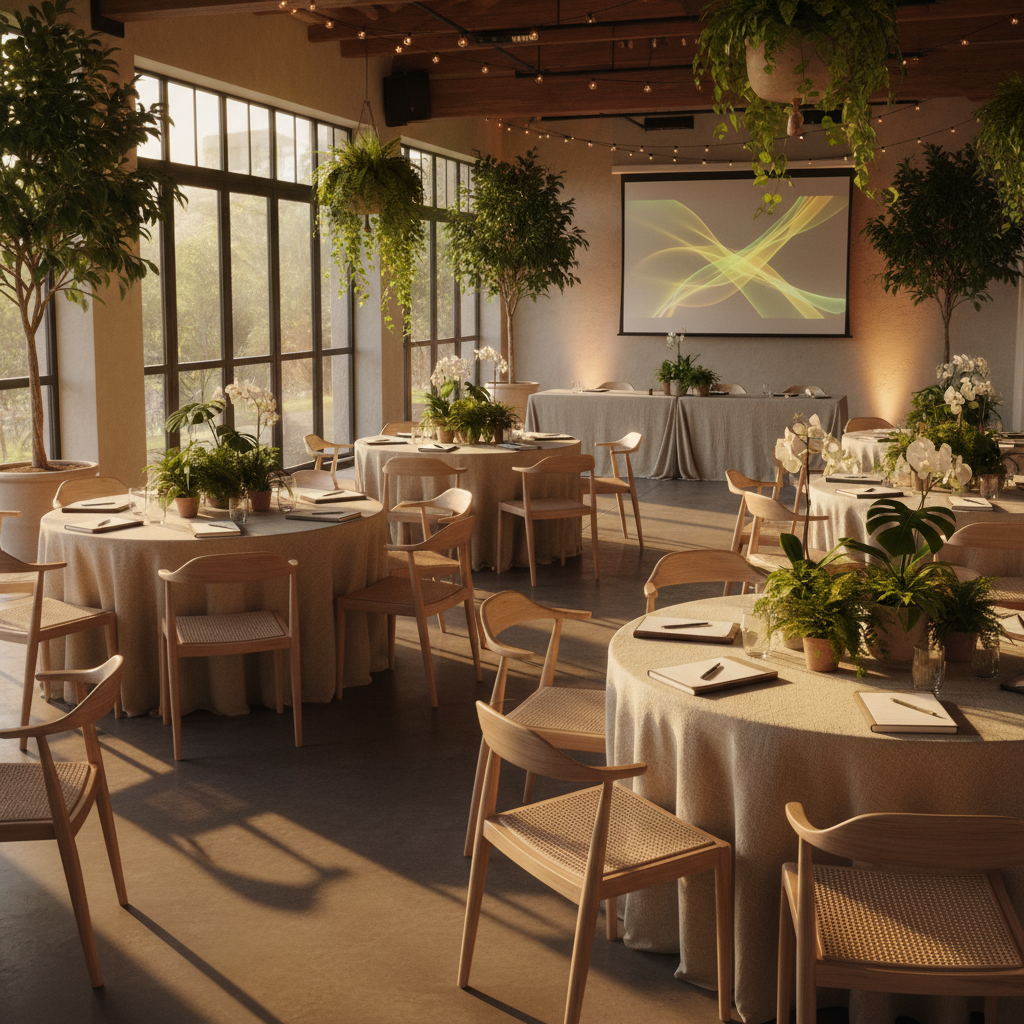 Executive retreat venue with warm lighting, natural linen decor, and botanical elements for corporate off-site meeting