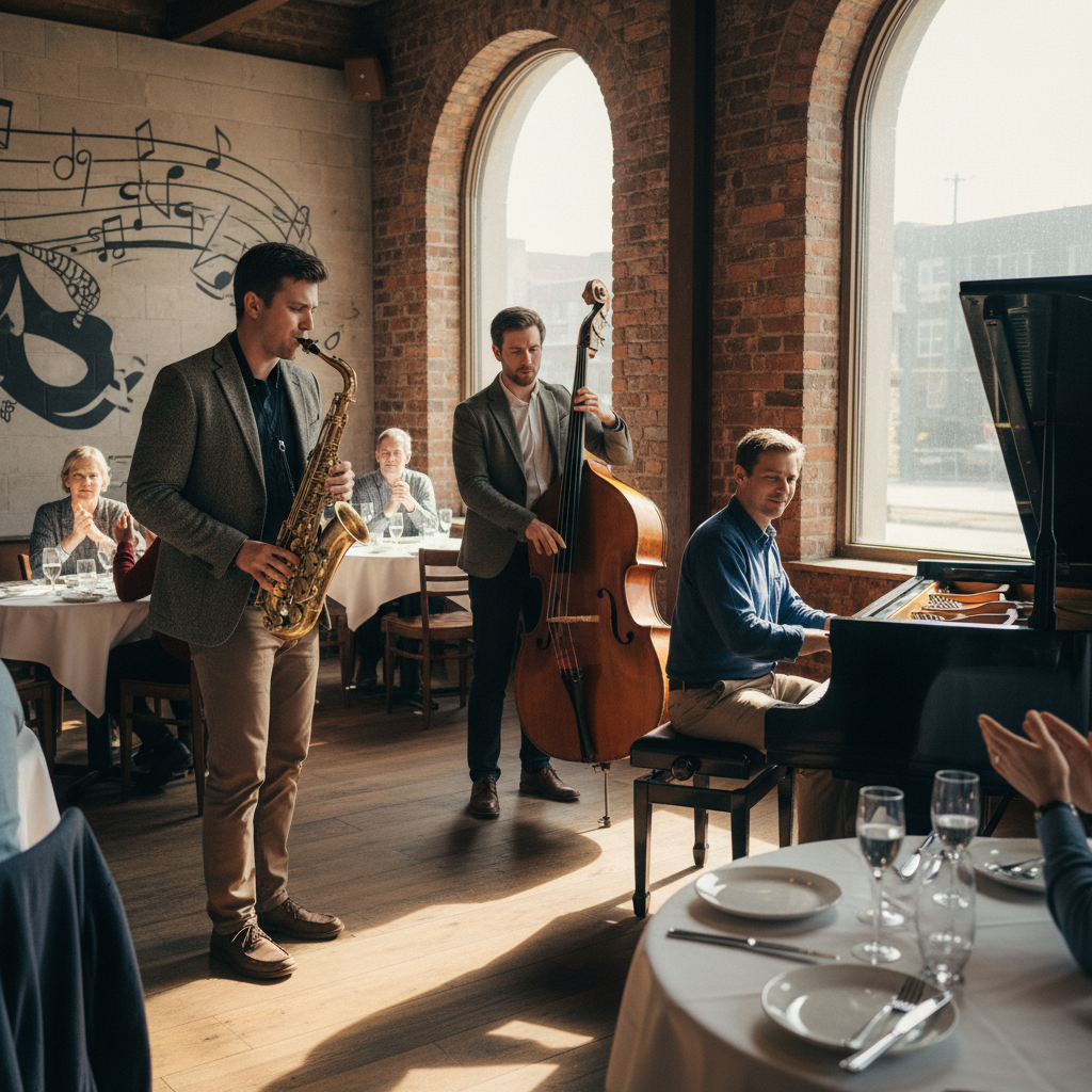 Jazz musicians performing at a relaxed Sunday lunch event