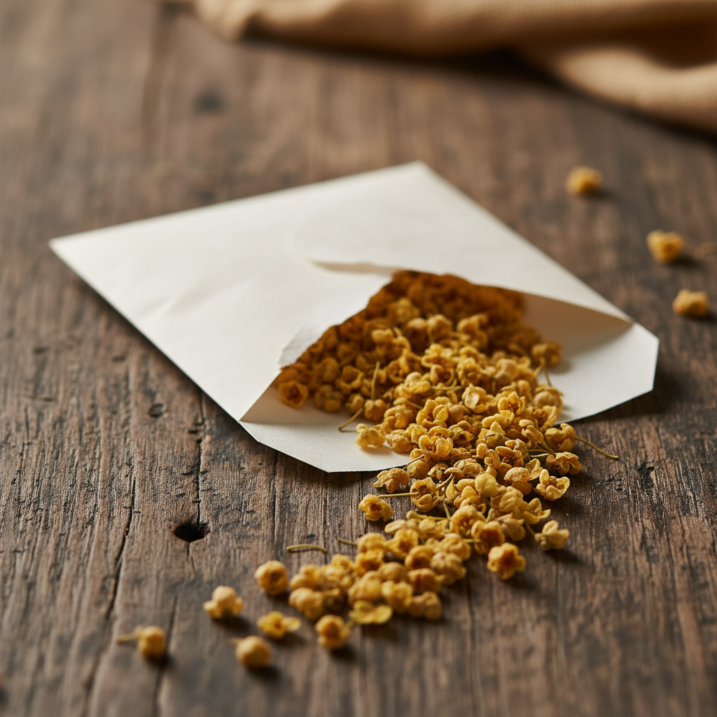 Dried osmanthus blossoms spilling from an open paper envelope on a wooden surface