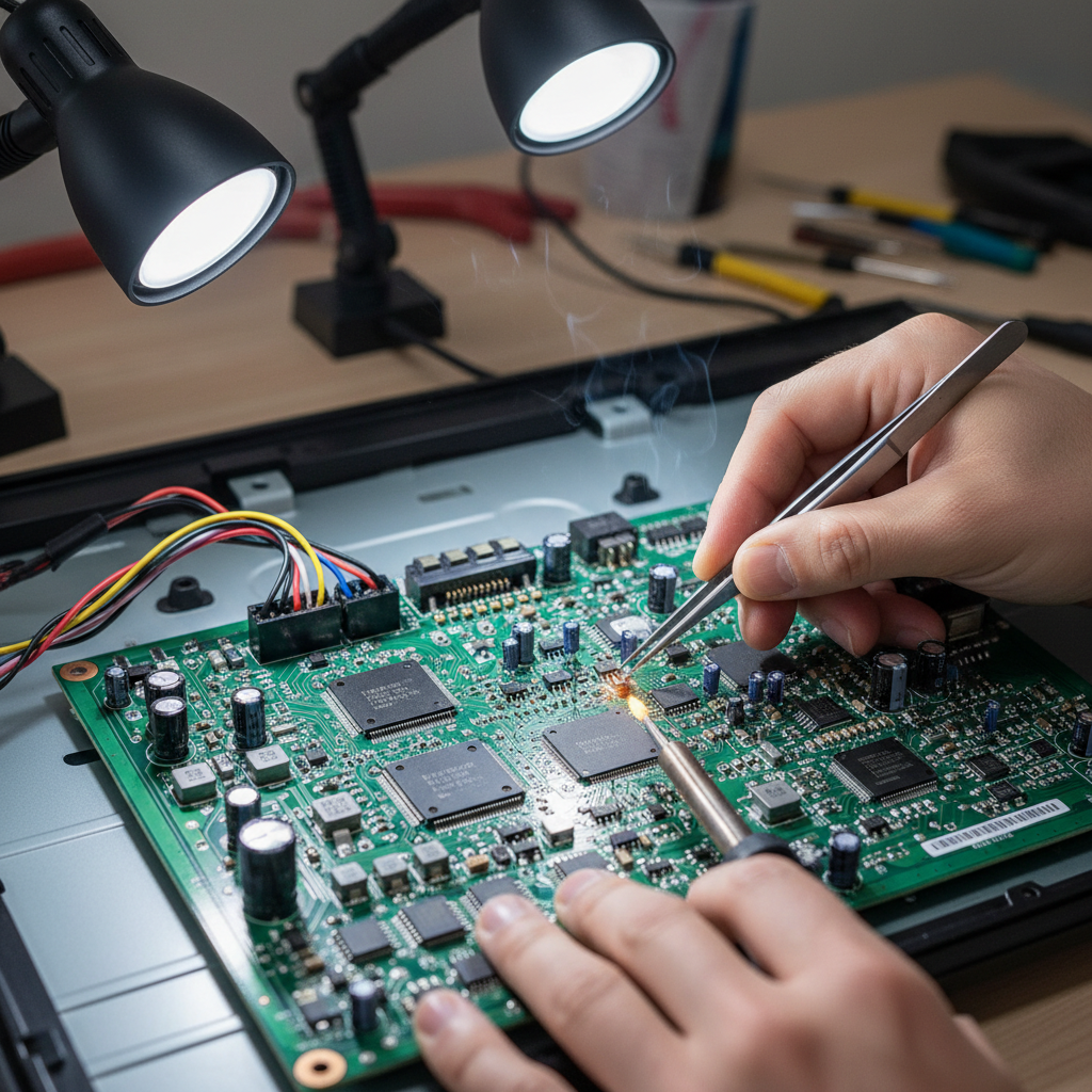 Technician in blue gloves carefully sorting green circuit boards and electronic components under bright white fluorescent lights