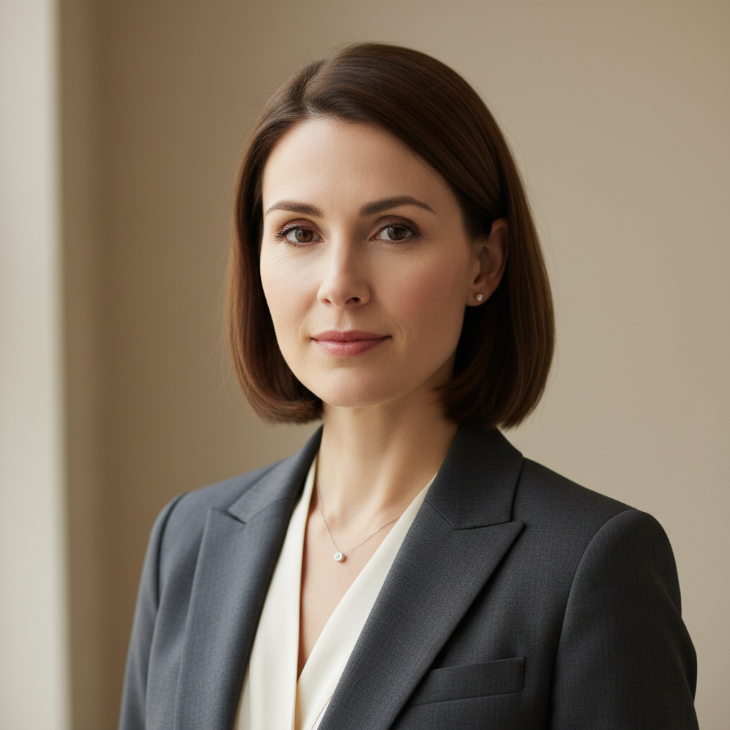 Olivia Hartman, a professional woman with short brown hair in a business setting