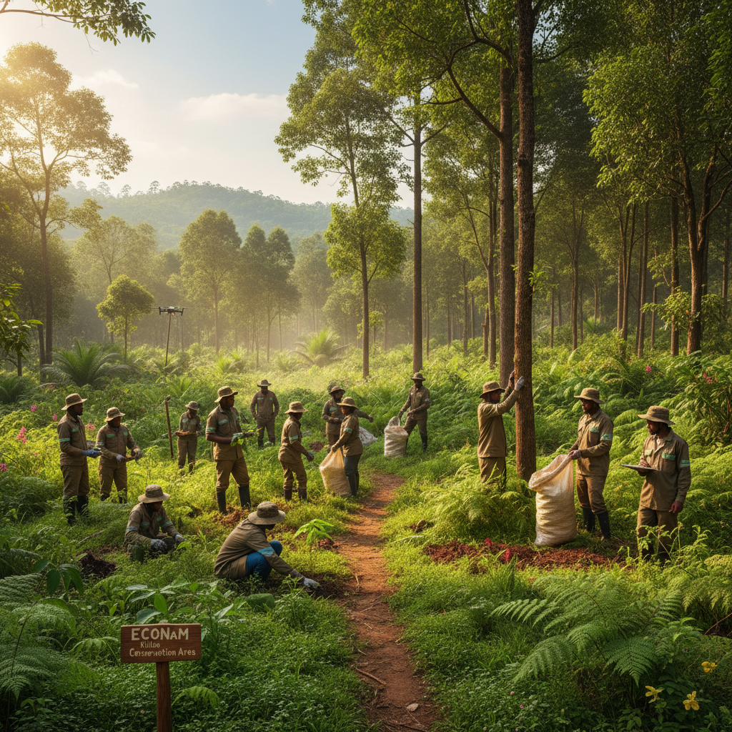 ECONaM team working in a lush green forest conservation area in Kilolo, Tanzania — warm daylight filtering through tree canopy