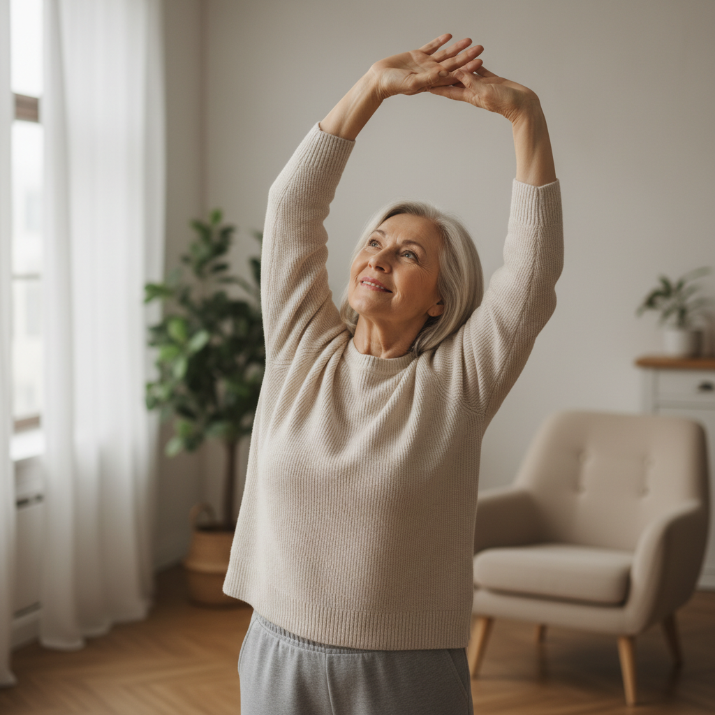 Adult stretching gently in a bright minimal home environment with wooden floors and open windows