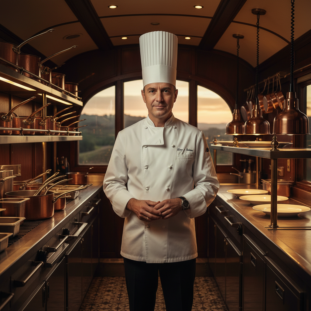 Executive chef Étienne Moreau in white chef coat standing in the elegant dining car kitchen with copper pots and warm lighting