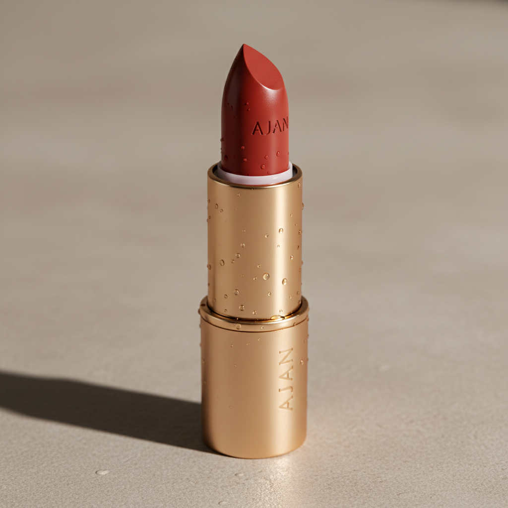 Close-up of Ajan lipstick in a rich warm red shade