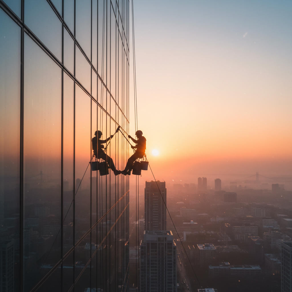 Window cleaning technician silhouetted against glass curtain wall facade at sunrise, harness lines visible