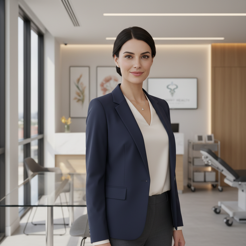 Professional woman in business casual attire smiling in bright modern office environment