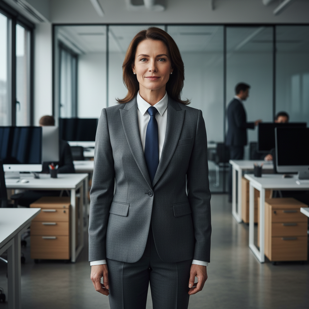 Professional in business meeting, modern office environment, confident communication