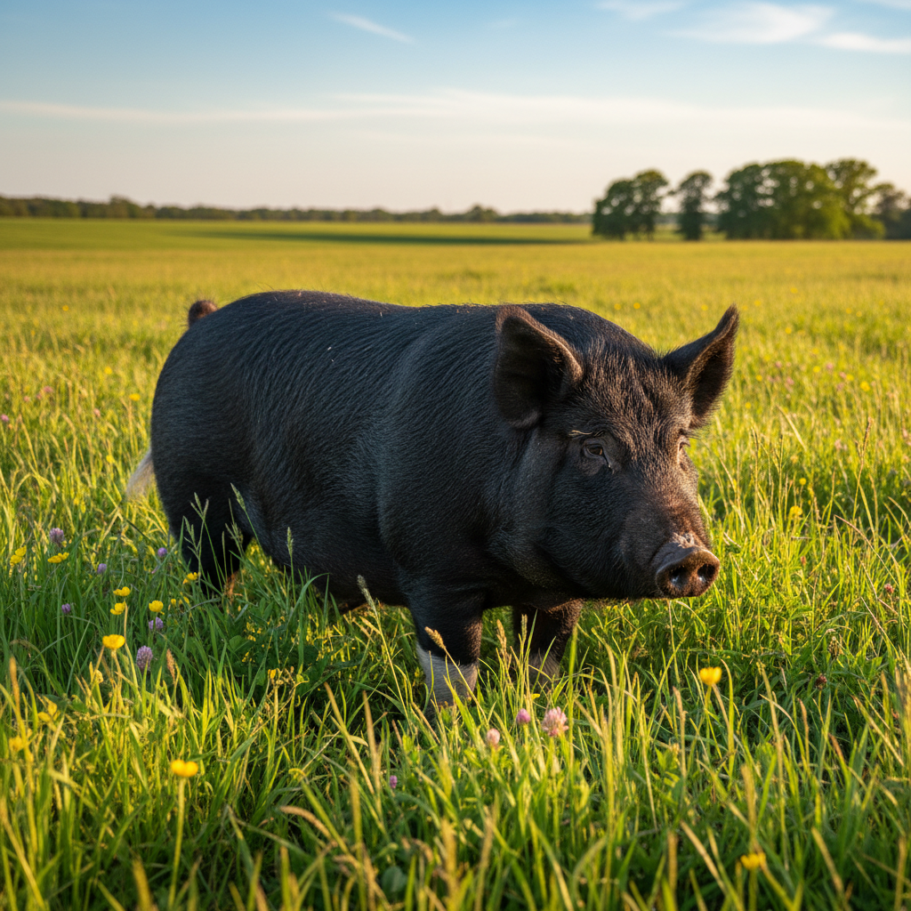 Heritage breed pig on small family farm with green pasture in background