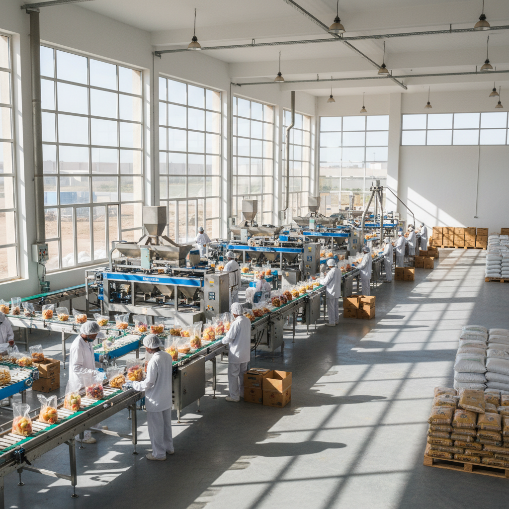 Workers packaging agricultural produce in a clean warehouse facility, quality control in progress
