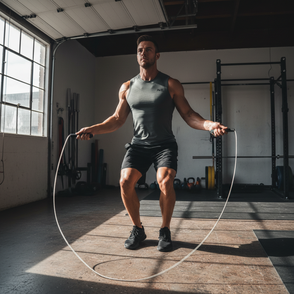 Athlete doing double unders in garage gym, speed rope spinning, intense focus