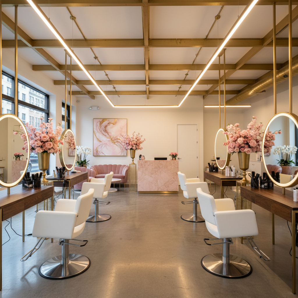 Purrple salon interior showing warm professional atmosphere with elegant styling stations and fresh flowers in natural light