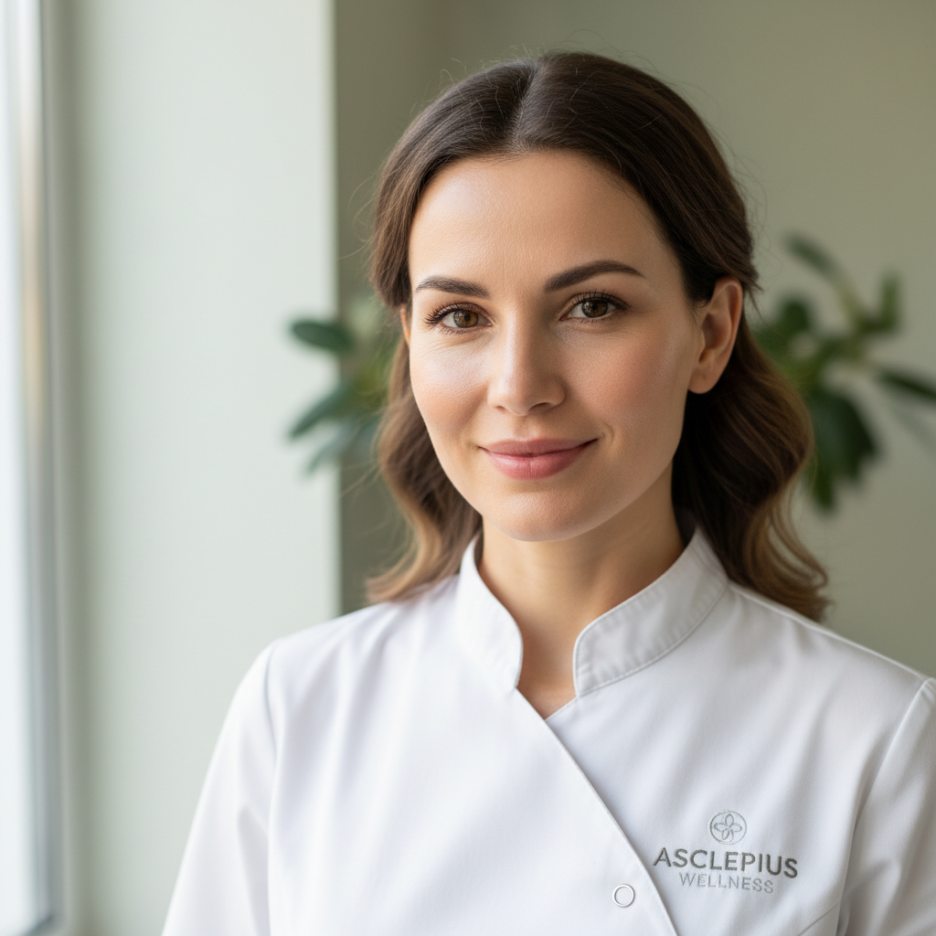 Maya Chen, Lead Somatic Therapist, smiling in a clinical wellness setting wearing white