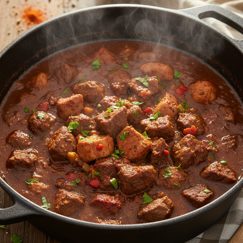 Rich dark goulash with three meats in a cast iron pot with paprika steam