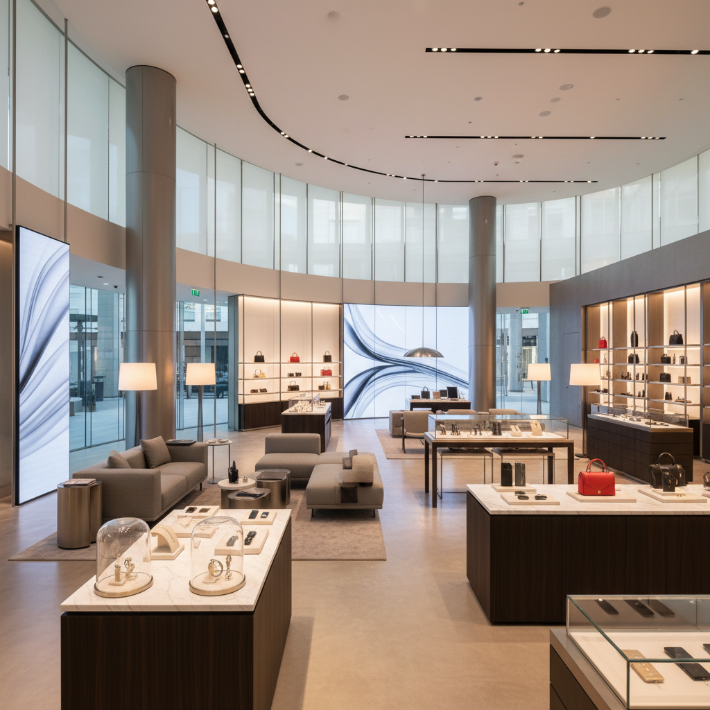 Upscale retail showroom with luxury product displays, atmospheric warm lighting, dark sophisticated interior