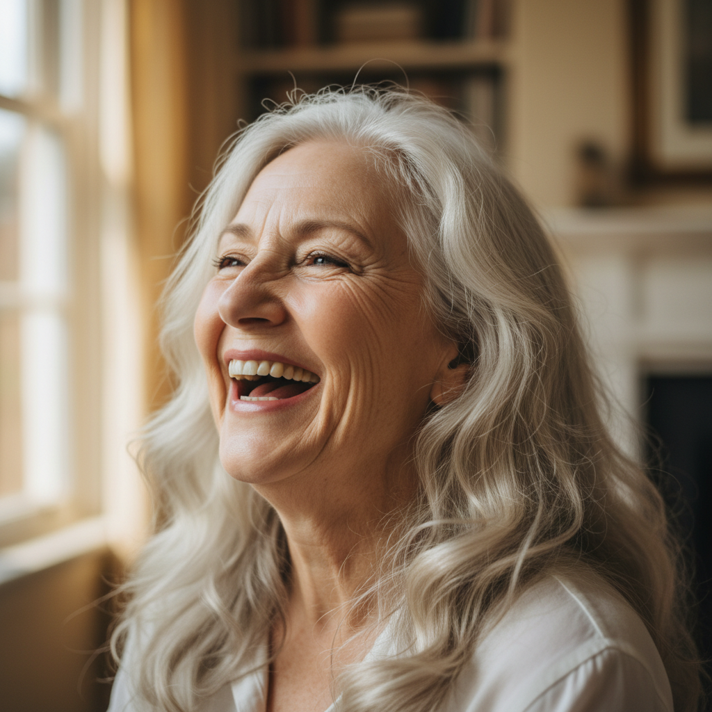 Older woman with silver hair laughing joyfully, face fully open