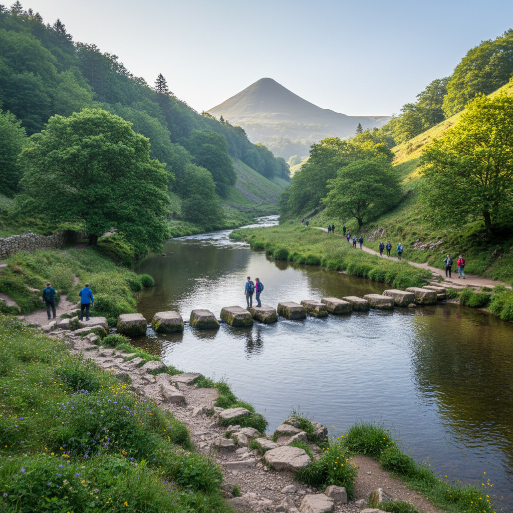 Gentle valley walk along Dovedale river with limestone stepping stones
