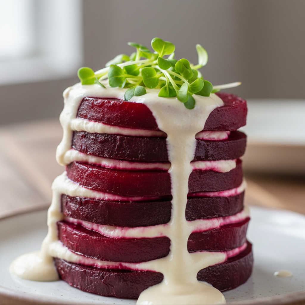 Layered roasted beet tower with cashew cream and microgreens on white plate