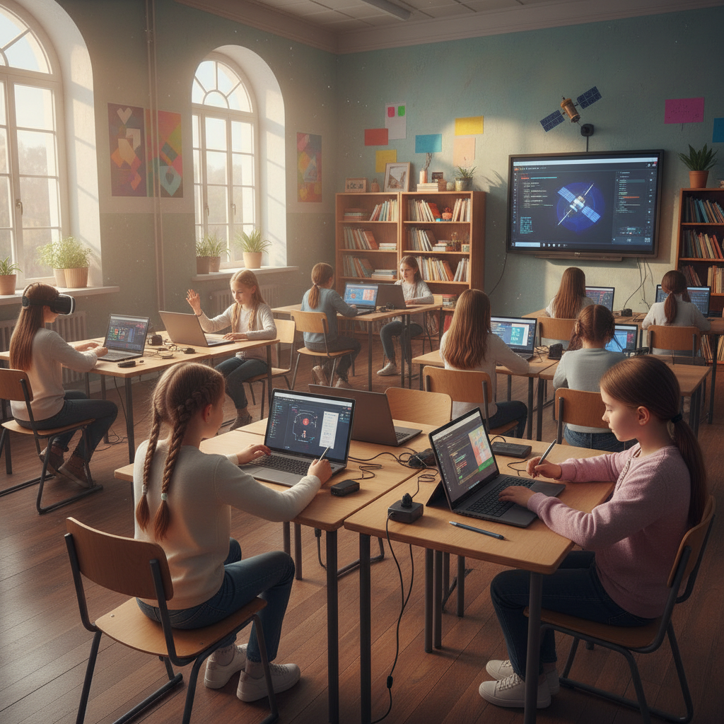 Girls in classroom, dim concrete walls, shadowed interior, atmospheric low-light